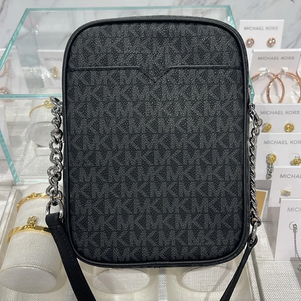 MICHAEL KORS Jet Set Trav Md Logo Crossbody Flight NS Black/Silver NWT Messenger